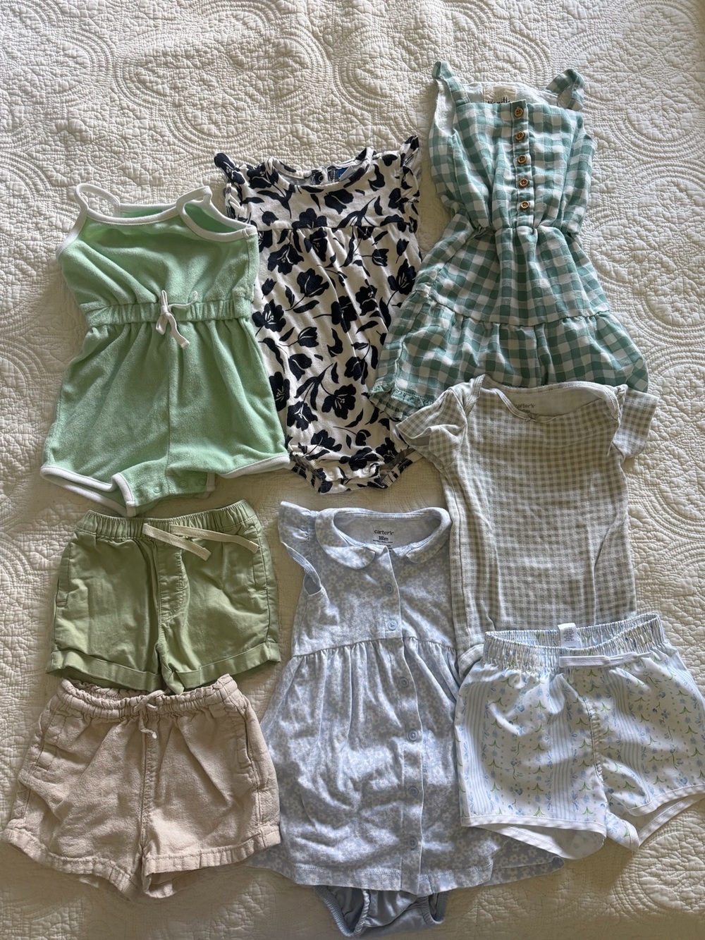 Baby Girls Mixed Summer Clothing Lot - Green, Mint, Black Floral, Gingham